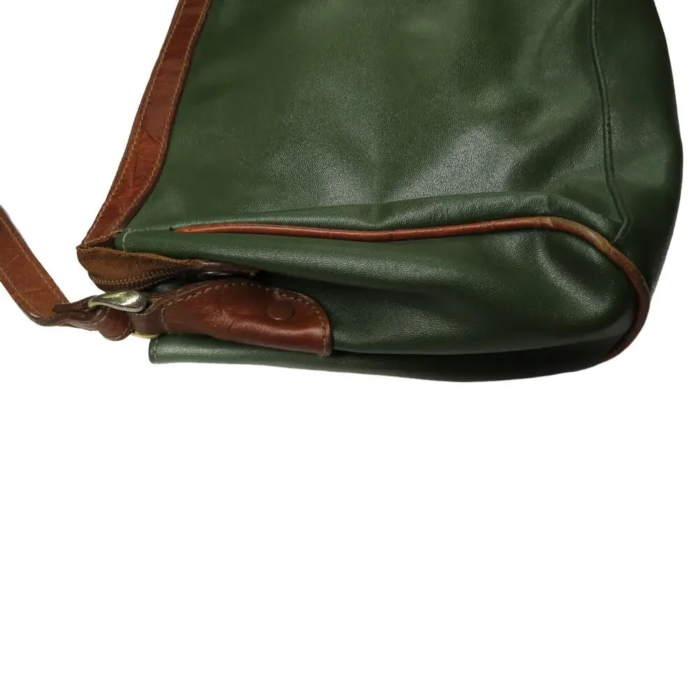 1980s Vintage Olive Green Genuine Leather Satchel Crossbody Bag Retro